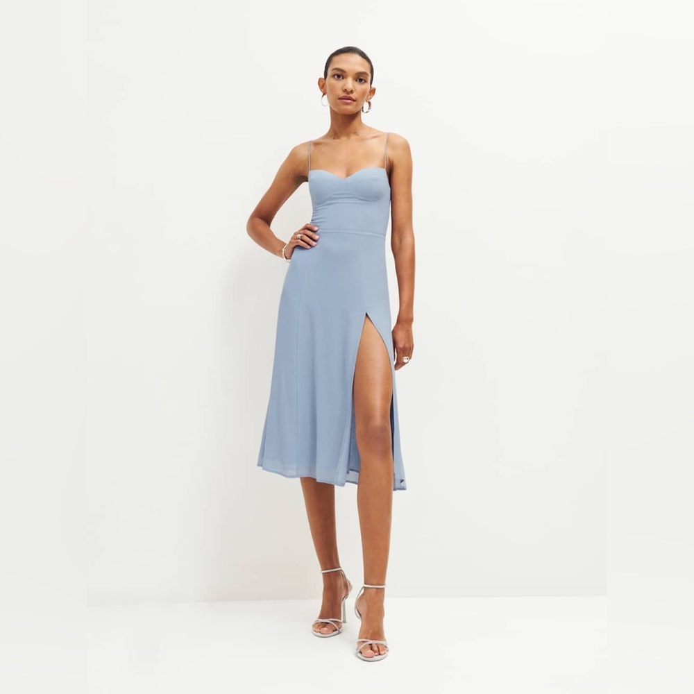 Reformation Juliette Dress Mineral Midi Dress with Spaghetti Straps and Slit
